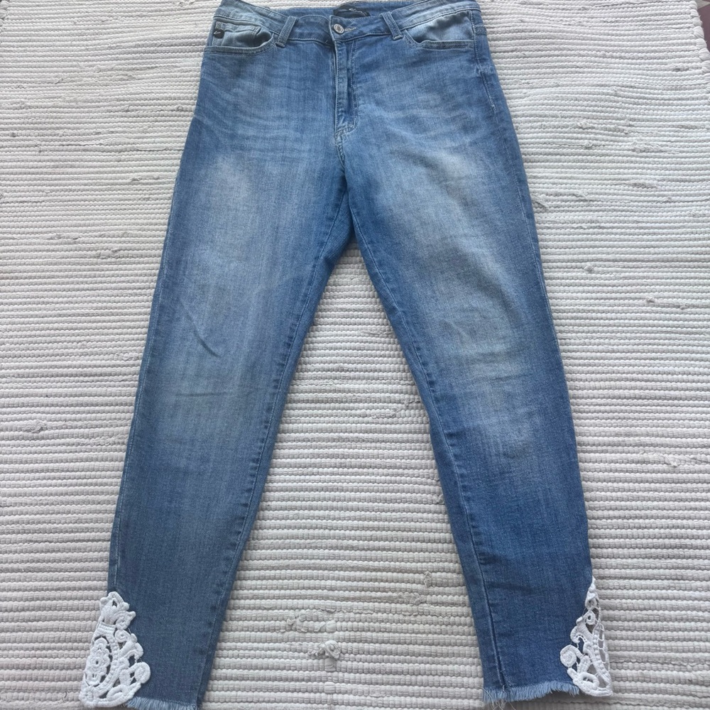 KanCan Blue Ankle Cropped Jeans with Lace Detail